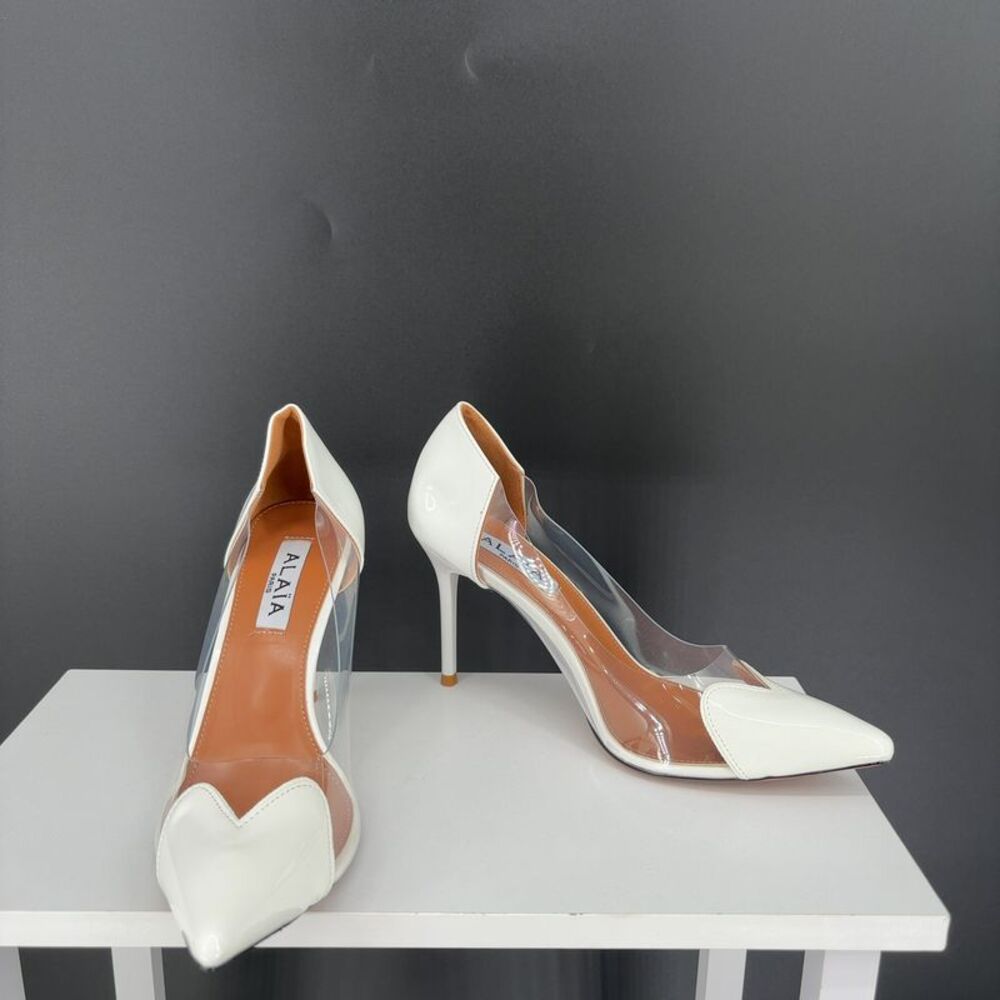 Alaia Heart Pointed Toe White Pumps